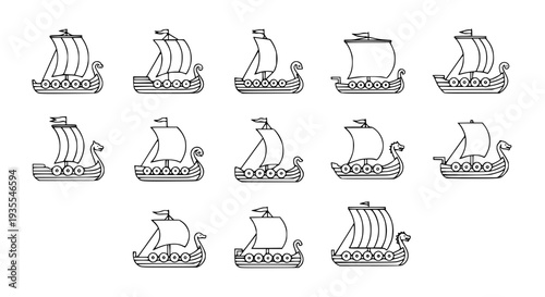 Minimal Line Viking Longship Icons – Nine Ship Outline Grid Vector EPS 10