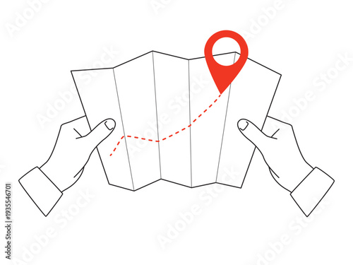 Hands holds a map with a dashed way and red pin mark - outline illustration with red accent. Vector illustration isolated on a white background