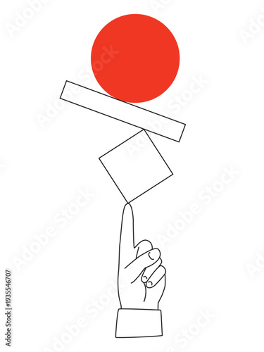 A hand holding in a balance abstract geometric composition - outline illustration with red accent. Vector illustration isolated on a white background