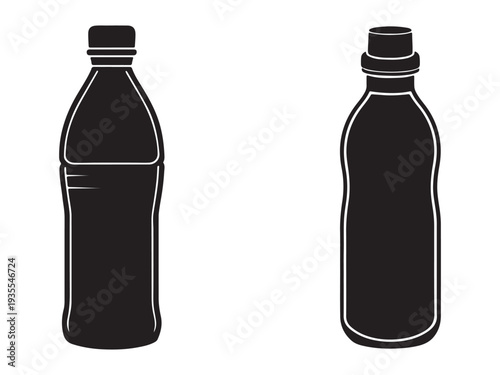 Two black plastic soda bottles with caps on a white background  simple outline illustration