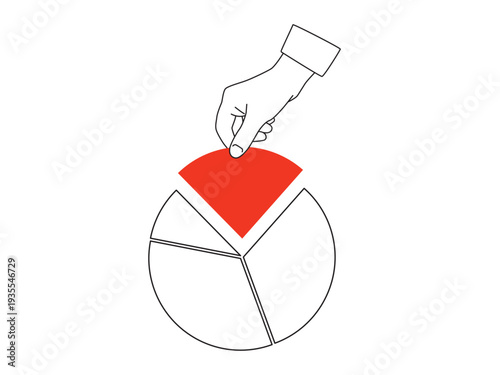 A hand pulls a piece of a pie diagram up. Market share concept - outline illustration with red accent. Vector illustration isolated on a white background