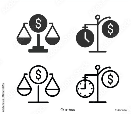 Scales of justice icons set in black silhouette style for business and web design vector illustration
