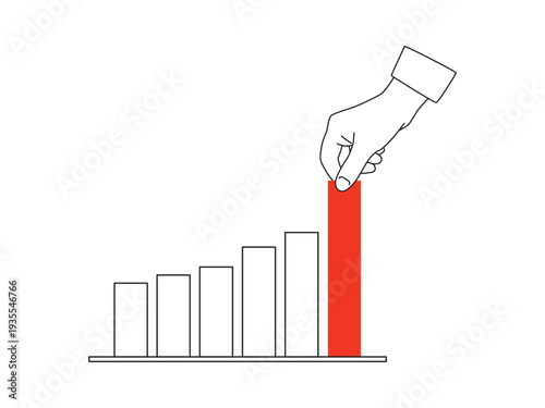 The hand pulls the graph column up. Growth support concept - outline illustration with red accent. Vector illustration isolated on a white background