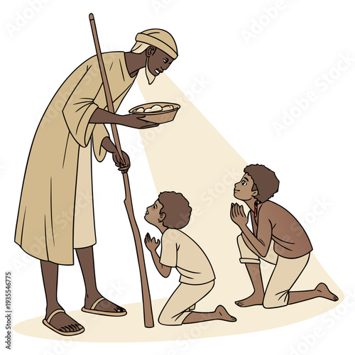 Desert provider offering food to two kneeling children