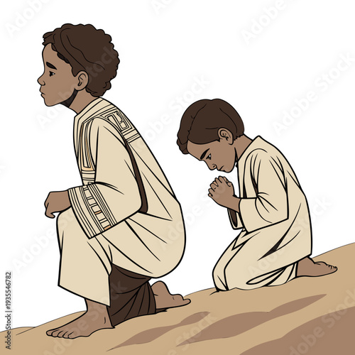 Two boys kneeling in prayer on sandy ground kids children