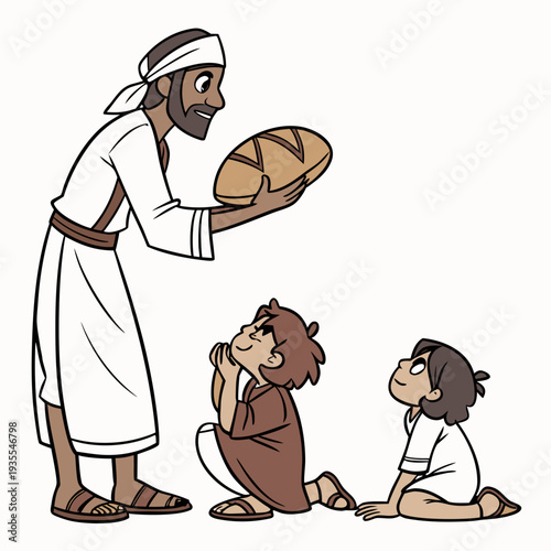Man offering bread to two children white robe sandals