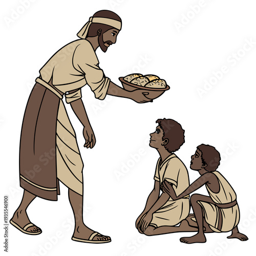 Man offering bread to two kneeling boys bowl