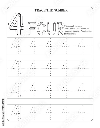 Number 4 Tracing Worksheet for Kids