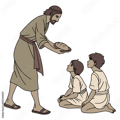 Jesus sharing bread with two children ancient clothing