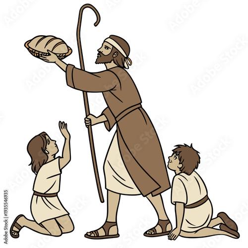 Biblical scene with shepherd offering bread to children