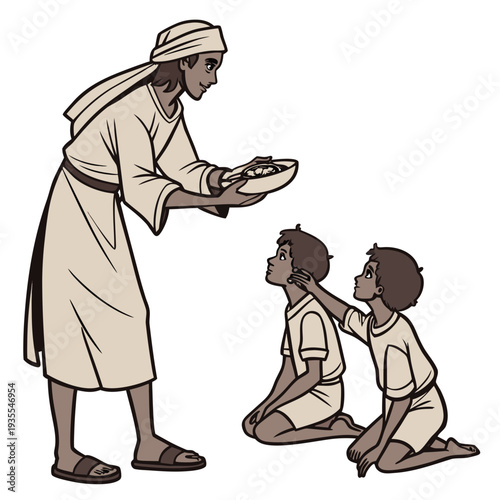 Desert shepherd offering food to two kneeling boys