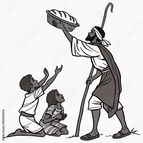 Desert era guardian offering bread to kneeling children