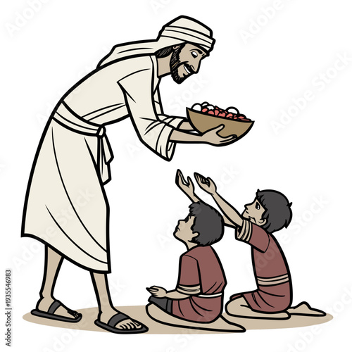 Desert shepherd offering food to two children kids