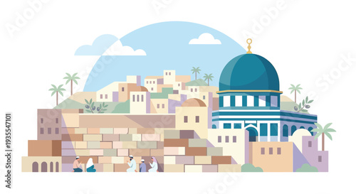 Flat Illustration of Jerusalem with Dome of the Rock and Western Wall