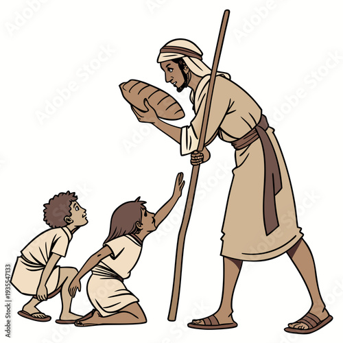 Ancient man offering bread to two children