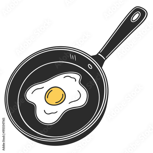 A flat-style, minimalist illustration of a fried egg in a black frying pan. The egg features a bright yellow yolk and a white, slightly irregular shape, while the pan is shown from an overhead angle.