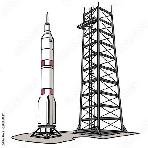 Rocket on launchpad with service tower spacecraft aerodynamics