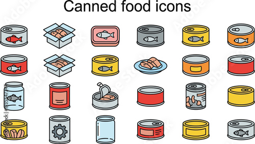 Canned food icon set, preserved fish and meat tin vector collection, grocery storage container symbols, canned seafood packaging icons for supermarket and food industry design