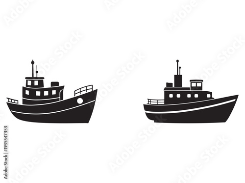 Two black silhouette boats with white details facing right on white background  nautical vessels
