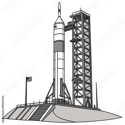 Grayscale of rocket on launchpad with tower spacecraft