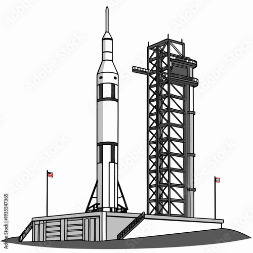 Rocket on launchpad with tower and american flags spacecraft