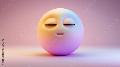 A serene, pastel-colored spherical character with closed eyes, resting on a soft pink background