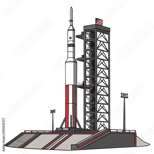 Rocket on launchpad with tower spacecraft aerospace