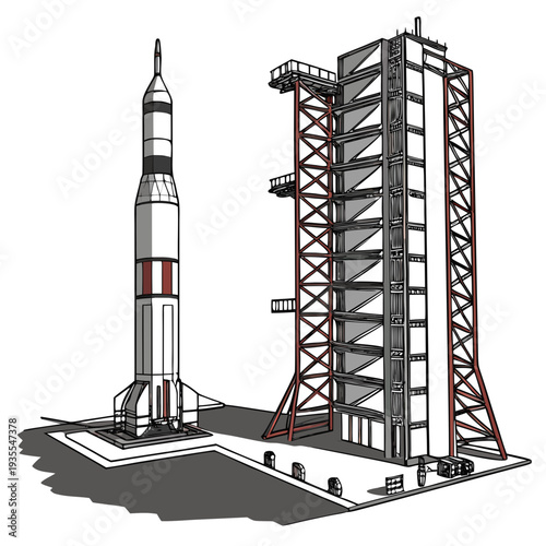 Rocket on launchpad with service tower spacecraft launch site 5