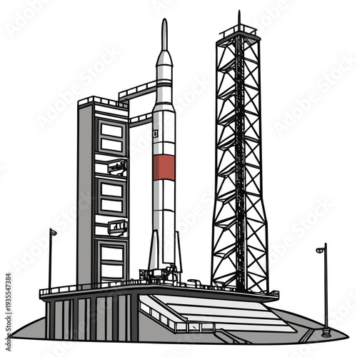 Rocket on launchpad with service tower space launch site 3