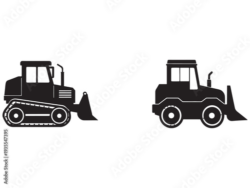 Two black silhouette construction vehicles with blades on white background  heavy equipment  bulldozers