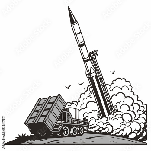 Black and white of a missile launcher on a truck monochrome