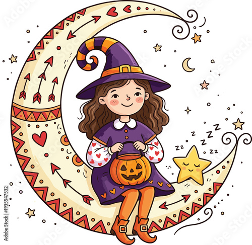 Cute Halloween witch girl sitting on moon with pumpkin bucket, magical cartoon illustration with stars, kawaii spooky character art for holiday design