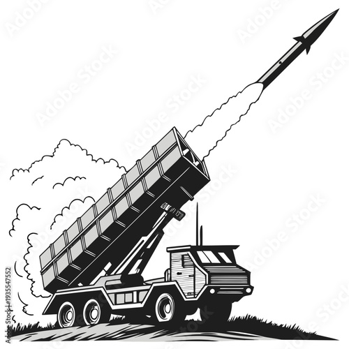 Black and white of truck launching missile defense