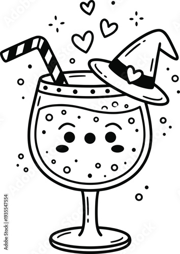 Cute magic potion drink illustration, kawaii cocktail glass with witch hat and hearts, Halloween fantasy beverage vector, spooky cute cartoon icon for holiday design