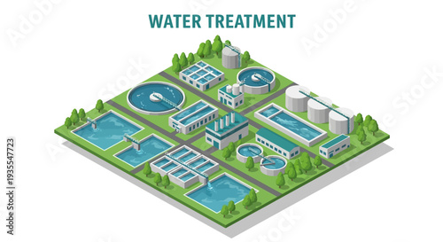 Isometric illustration of a water treatment plant with various facilities and green surroundings.