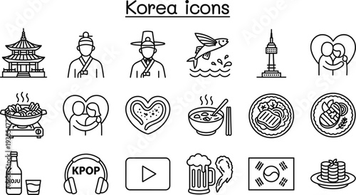 Korea culture icon set, Korean food, K-pop, traditional clothing and landmarks vector collection, South Korea symbols outline icons for travel, cuisine and lifestyle