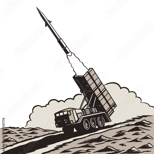 Of truck mounted missile launcher firing rocket military