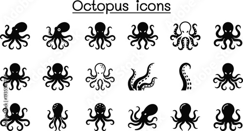 Octopus icon set, marine animal vector collection, sea creature silhouette icons, underwater wildlife symbols, aquatic tentacle logo elements for ocean design and branding