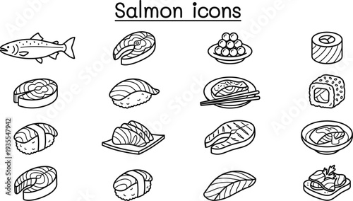 Salmon food icon set, sushi and seafood vector collection, salmon fish, sashimi and sushi roll outline icons for restaurant menu, Japanese cuisine design