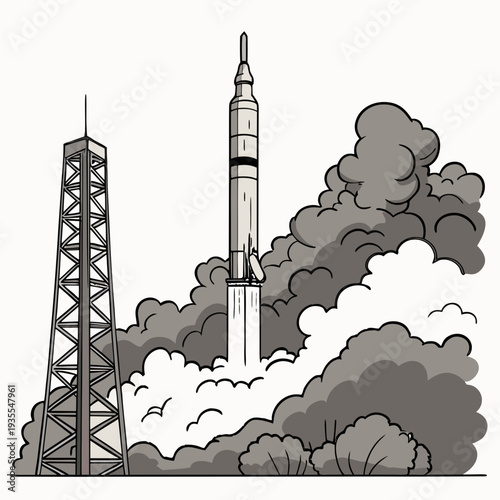 Grayscale rocket launching from tower with smoke clouds