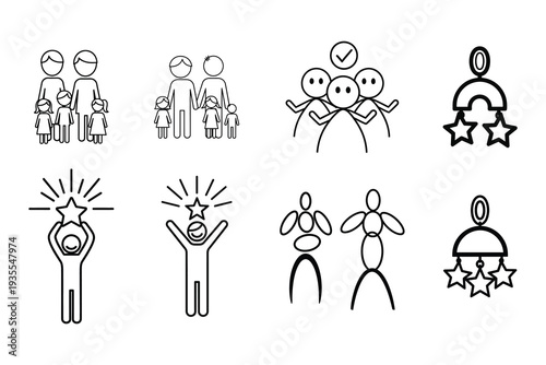 A collection of eight simple stick figure illustrations depicting various celebratory and award winning scenes