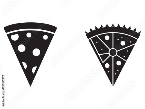 Two black silhouette pizza slices with different toppings on white background  one with crust and one with pan crust