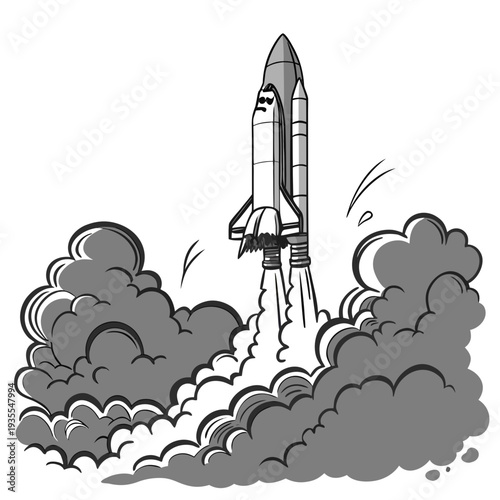 Grayscale rocket launching from ground with smoke space shuttle
