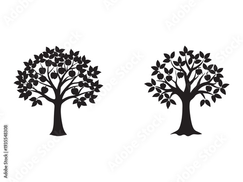 Two black silhouette trees with leaves and apples on white background  tree silhouettes  black trees