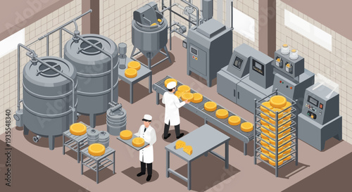Isometric illustration of two workers in a bakery production line with industrial equipment and trays of bread