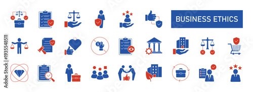 Business ethics icon set. Compliance, fairness, integrity, loyalty, trust, equality, code of conduct, honesty, anti corruption, transparency. Solid vector symbol collection. eps 10