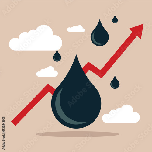 Oil price rising chart and black oil drops. Oil Stock Value Market Demand Price Hike.