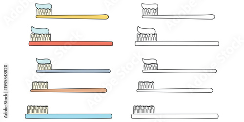 Hand-drawn cartoon and doodle set of toothbrushes on a white background.