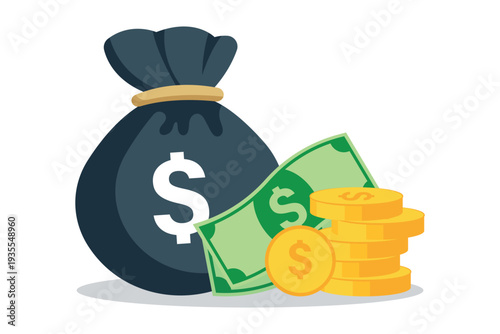 Money bag, cash and gold coins wealth and financial success concept. Wealth and banking icon. Dollar banknotes.