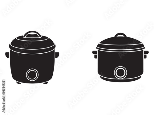 Two black silhouettes of rice cookers with lids and handles on white background  kitchen appliances